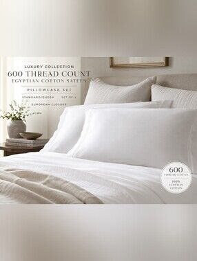 600 TC Egyptian Cotton Sateen Pillowcase Set White Standard Queen Hotel Luxury